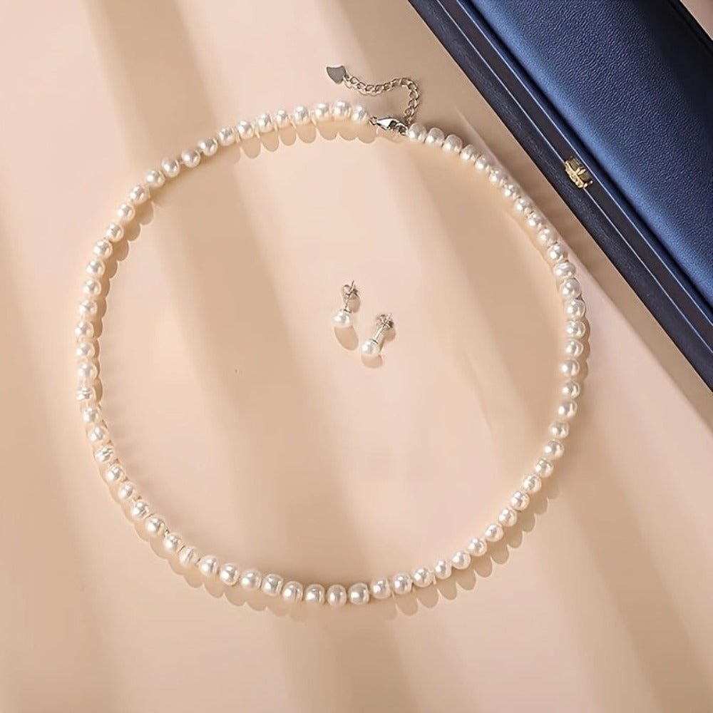 Conjunto de collar de perlas de agua dulce en plata de ley S925 | Cierre de langosta y cadena extensible | Longitud ajustable
