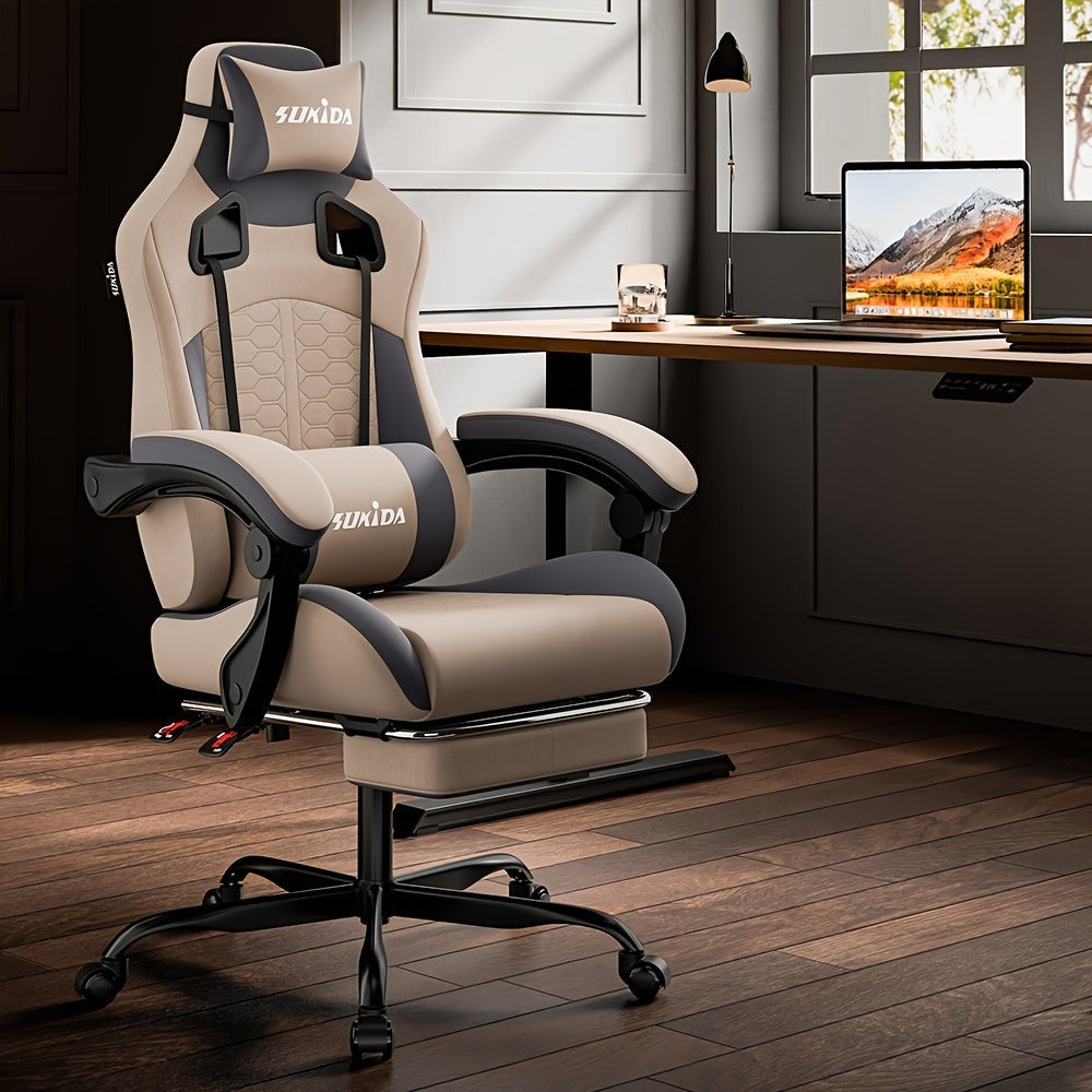 Silla Gaming, Silla Esports, Silla Gaming Ergonómica con Reposapiés, Silla Gaming de Carreras con Reposacabezas Ajustable, Silla de Ordenador con Altura Ajustable y Soporte Lumbar, Adecuada para Oficina en Casa y Gaming, Beige, Azul, Negro, Rojo, Naranja