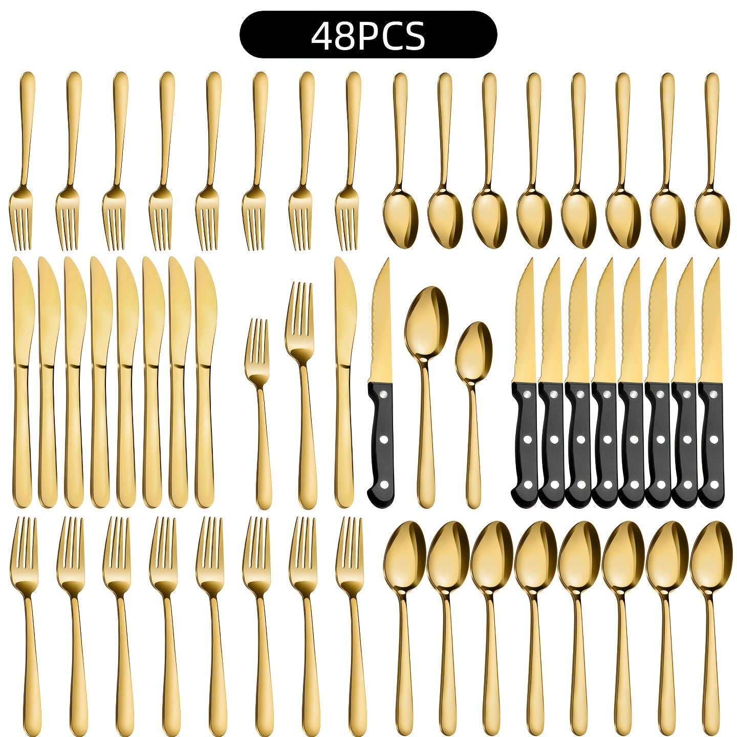 Juego de vajilla de acero inoxidable dorado de 72/48/36/30 piezas. Vajilla de calidad alimentaria, color dorado brillante, para 12 personas, que incluye 12 cuchillos para bistec, 12 cuchillos de mesa, 12 cucharas, 12 tenedores, 12 tenedores para postre y