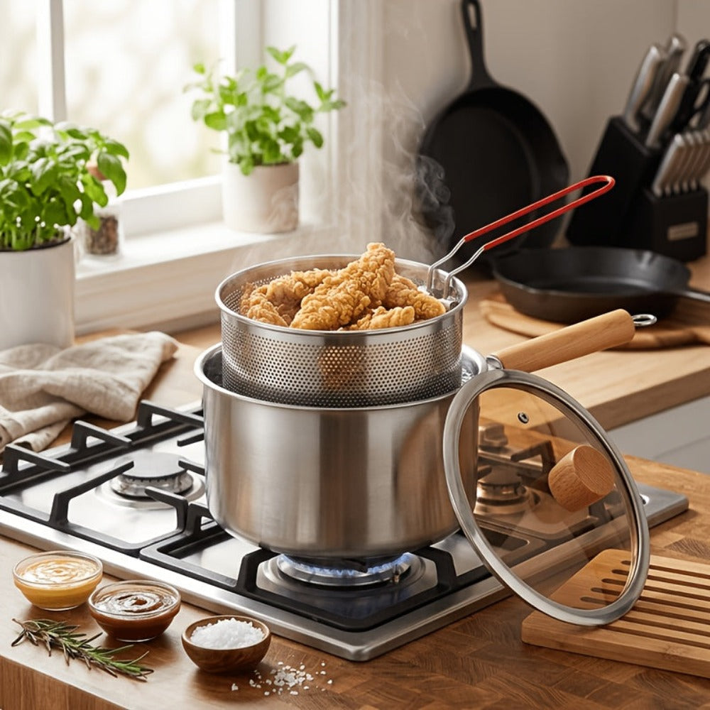 Juego de ollas de cocina multiusos con cesta para freír y tapa de cristal: cacerola antiadherente, freidora, olla para fideos, cacerola para leche, olla freidora de acero inoxidable, olla para cocinar pasta, apta para estufas de inducción y de gas, ideal