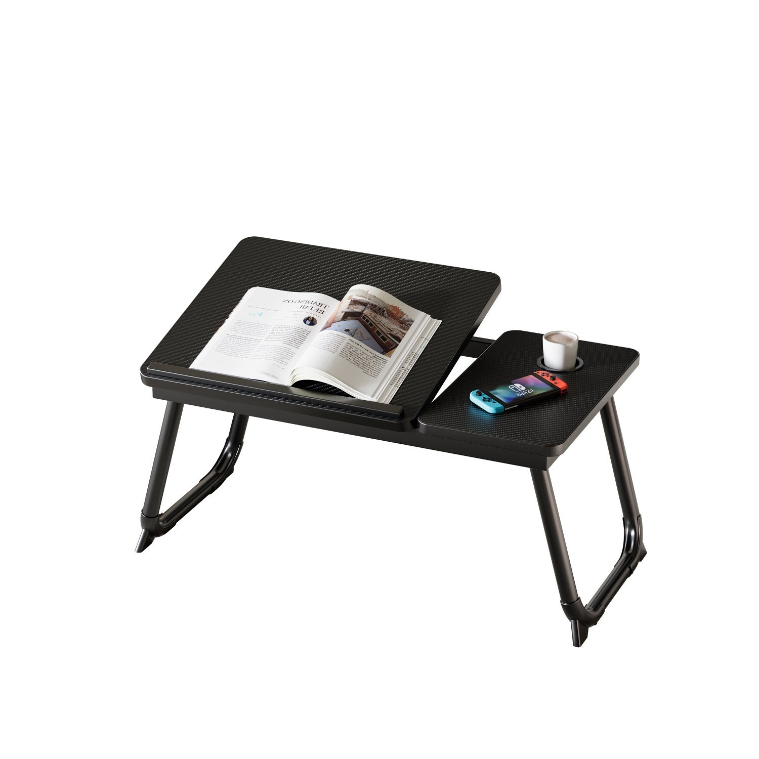 Mesa plegable para cama y sofá con altura ajustable de 5 niveles, bandeja con superficie ajustable y portavasos, mesa pequeña multifunción para ordenador, libros, trabajo y estudio en casa (56x32x25cm)