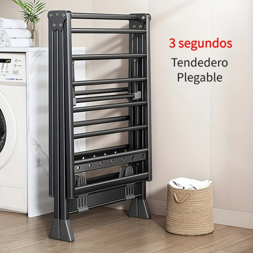 Perchero Plegable de Aluminio Resistente con Estante para Zapatos - Diseño en 3 Segundos, Altura Ajustable, 4 Ruedas para Uso Interior/Exterior, Montaje Sin Herramientas, Estabilidad en Forma de A, Ahorro de Espacio Gris, Secado de Ropa Portátil, Construc