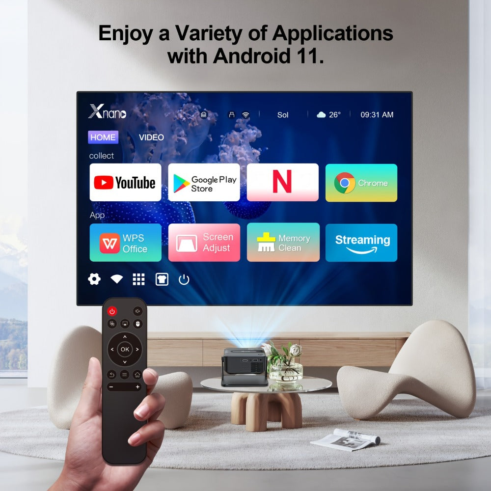 Proyector Portátil Inteligente con Android 11 Integrado, WiFi y Bluetooth 5.0, Control por Voz, 130 Lúmenes, Soporte 4K y 720P Nativo, Compatible para Cine en Casa, Proyector para Cama, Oficina, Proyector Portátil