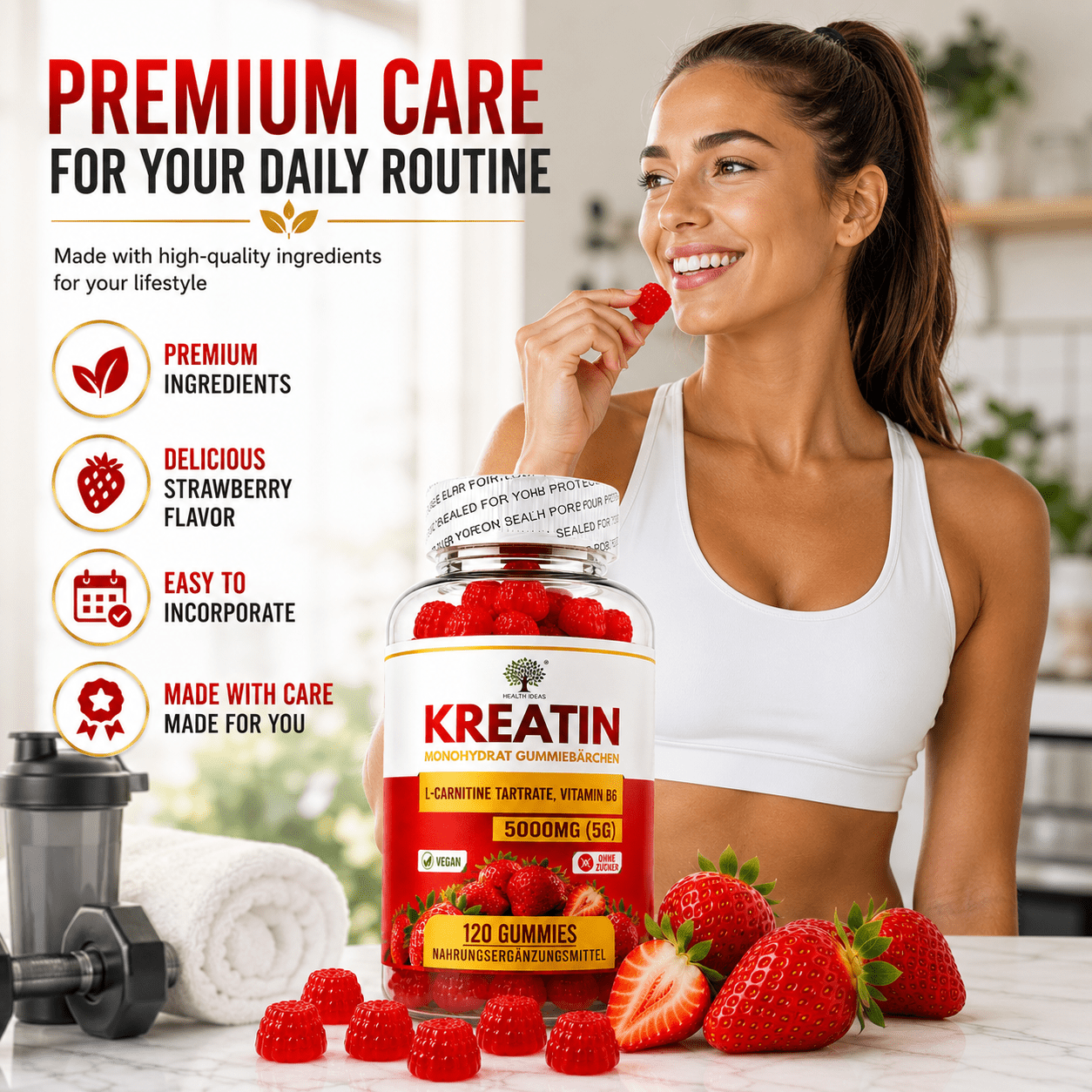 Creatina Monohidrato Gomas de Fresa 5000mg (5g) por Porción – 120 Gomas de Fresa Veganas – Con Tartrato de L-Carnitina y Vitamina B6 – Suplemento Alimenticio Sin Azúcar para Adultos – Fórmula Diaria Fácil de Masticar – Alternativa Conveniente a las Polvos
