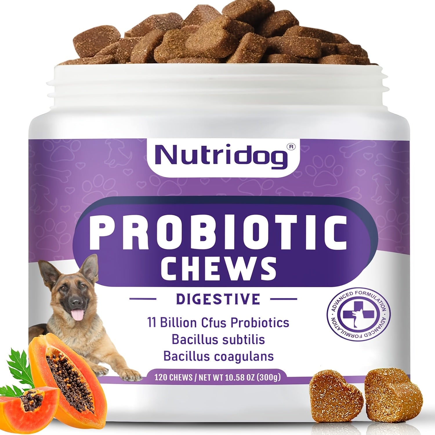 Probióticos para Perros en Masticables, Sabor a Pato - Apoya la Salud Intestinal, Equilibrio Digestivo - Masticables Suaves con Prebióticos y Probióticos (120 Unidades) (Pato)