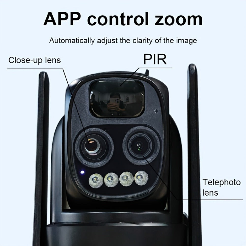 [Zoom 10x] Cámara de seguridad de exterior de 4MP con zoom automático de doble lente, más clara a distancia, cámara de alta definición 2K con panel solar, sistema de monitoreo PTZ de doble lente, foco deportivo WiFi 5G, visión nocturna en color, llamada b