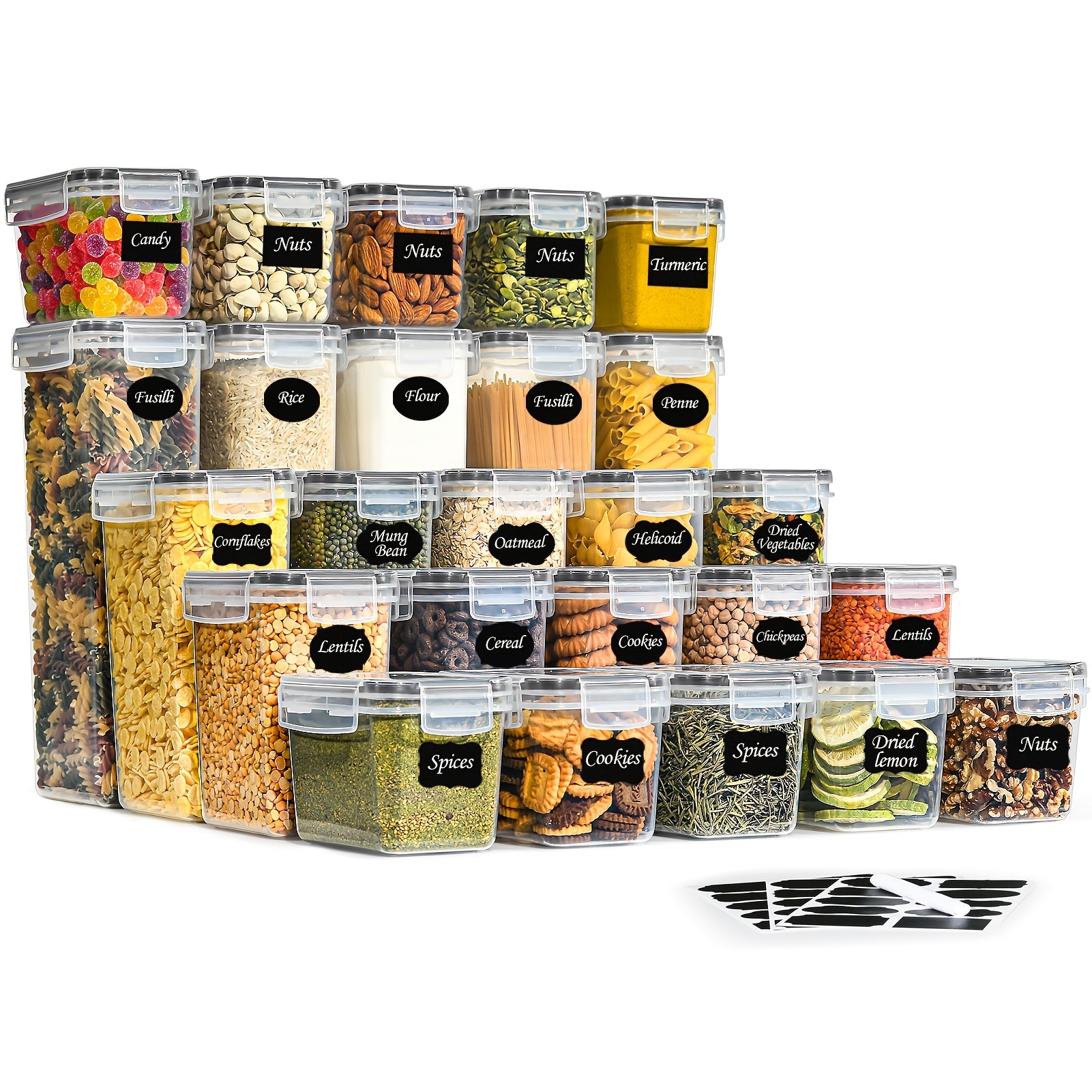 Tarros de Almacenamiento Sellados con Tapas - Juego de 25 Piezas, Contenedores de Cocina, Ideales para Organizar Cocina/Armario/Caravana/Despensa, Perfectos para Almacenar Espaguetis, Harina, Granos y Alimentos Secos, Esencial para el Hogar, Alta Calidad,