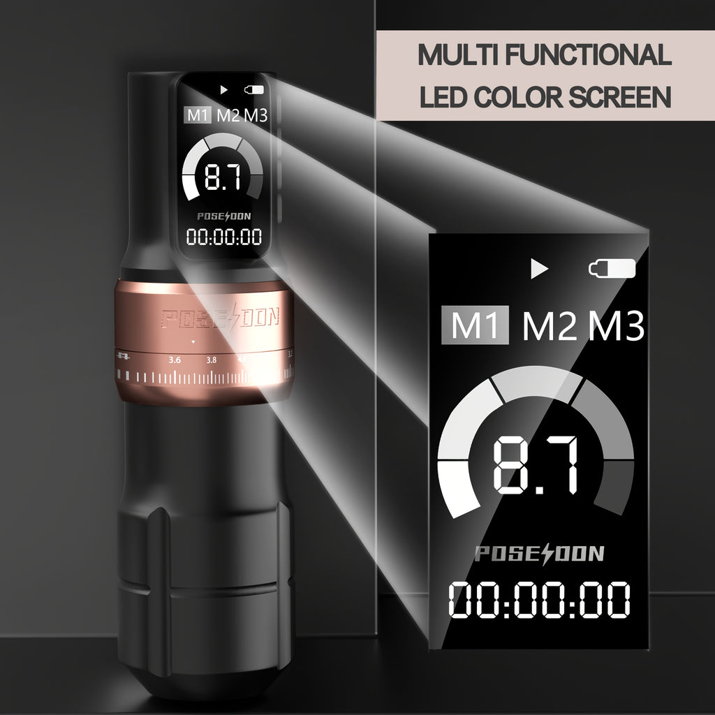 Kit de pluma máquina de tatuaje rotativa inalámbrica POSEIDON, motor sin núcleo de trazo ajustable de 2.4-4.2 mm, dos baterías con pantalla digital de 2300 mAh, viene con 10 agujas de tatuaje y otras adiciones