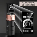 Kit de pluma máquina de tatuaje rotativa inalámbrica POSEIDON, motor sin núcleo de trazo ajustable de 2.4-4.2 mm, dos baterías con pantalla digital de 2300 mAh, viene con 10 agujas de tatuaje y otras adiciones