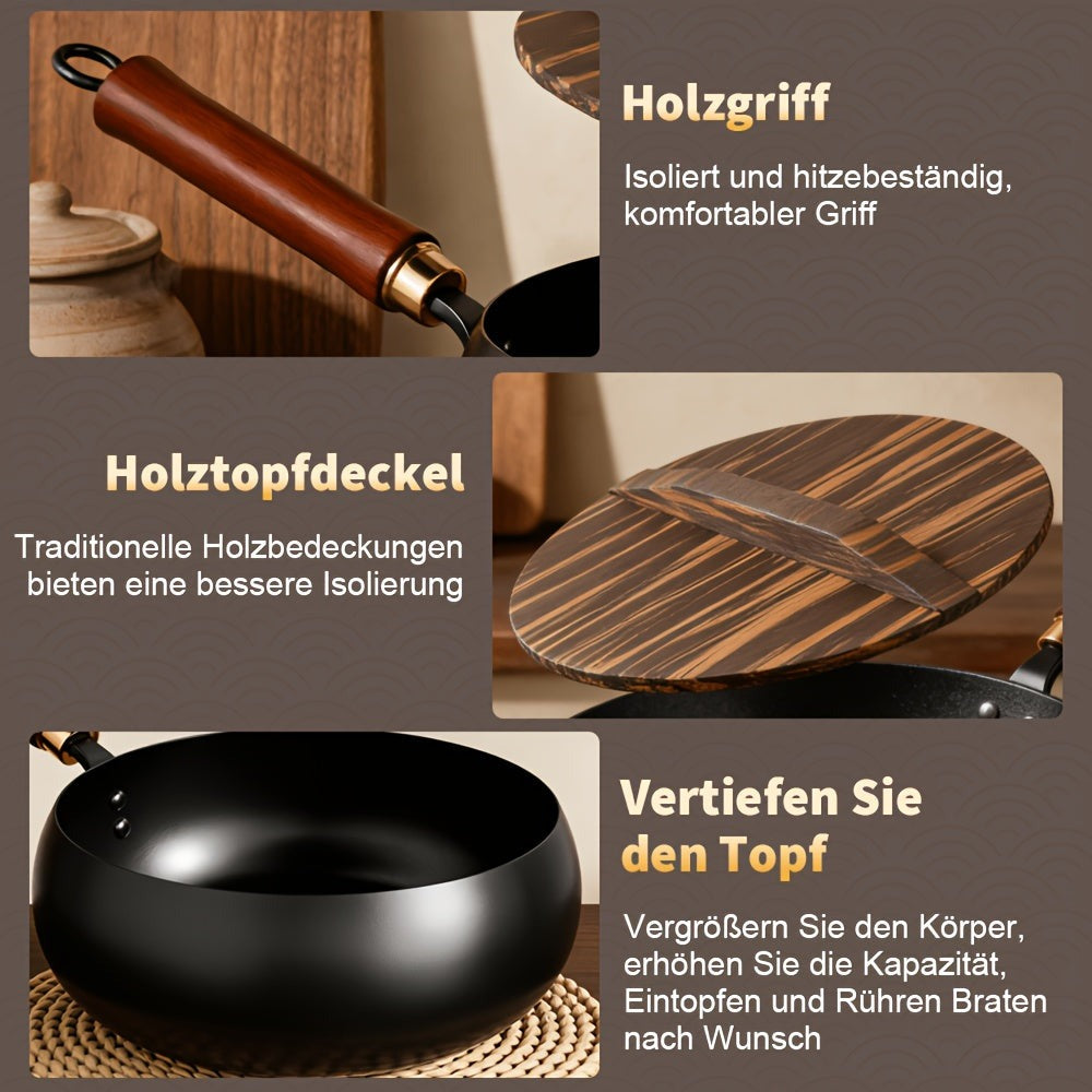 Sartén de hierro fundido duradera, fondo redondo, sartén de hierro forjado sin recubrimiento, fácil de limpiar, apta para estufas de inducción y gas, utensilios de cocina multifuncionales, apta para el hogar, restaurante y camping al aire libre, incluye t