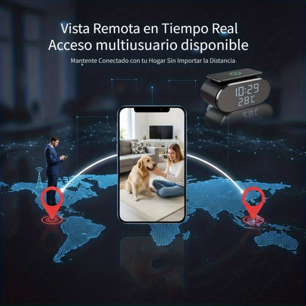 Cámara de seguridad inalámbrica despertador 4K con detección de movimiento, compatible con visualización remota en tiempo real por WIFI, notificaciones de alarma por aplicación y correo electrónico, compatible con Android e IOS, carga USB, incluye tarjeta