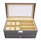 Caja de reloj de cuero sintético negro, estuche para joyas, almacenamiento de gafas y caja organizadora con cajón de exhibición de gafas de sol con cerradura (caja de gafas de 9 rejillas y caja de reloj de 6 rejillas)