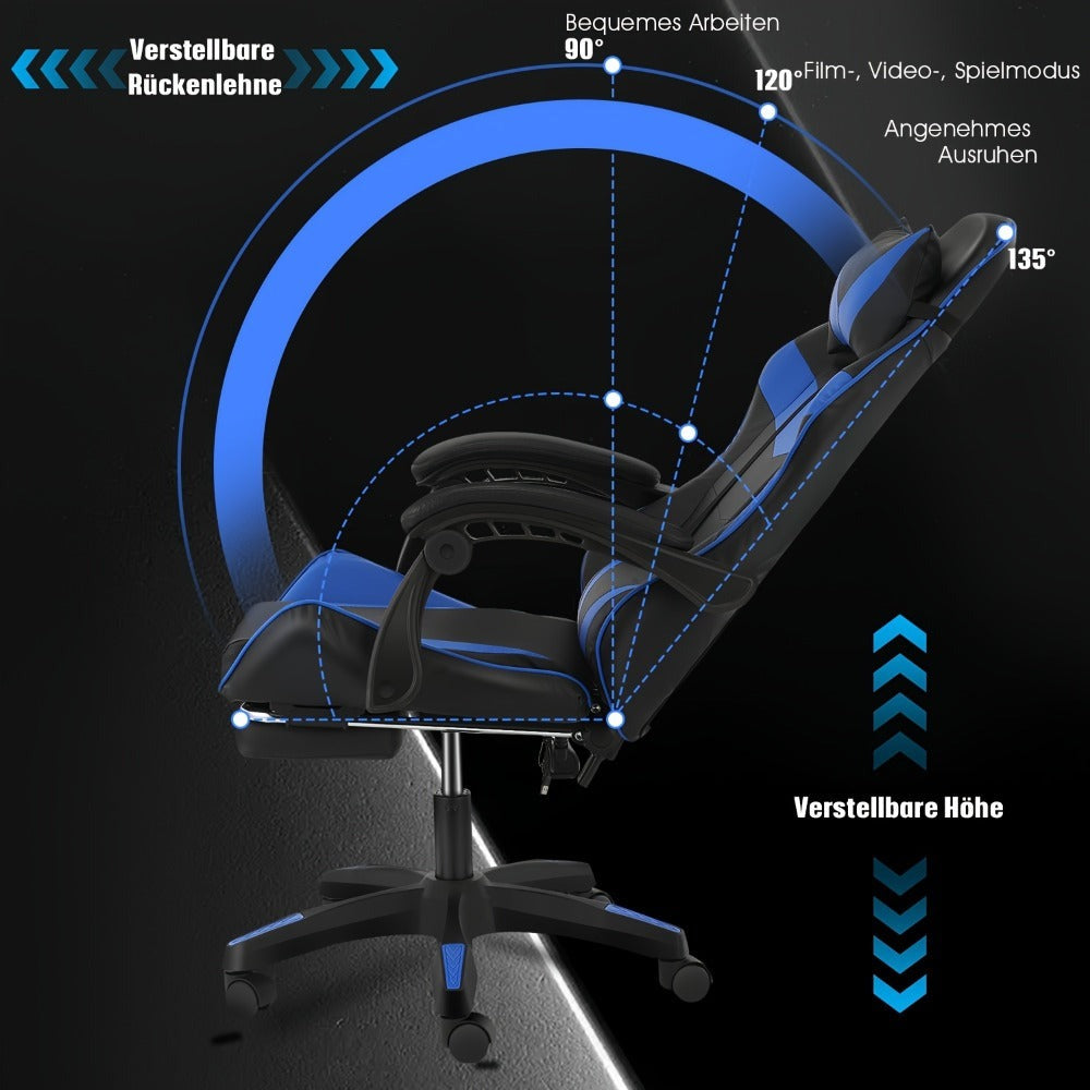 Silla Gaming con Reposapiés, Silla Gaming Ergonómica, Silla de Ordenador con Soporte Lumbar, Reposacabezas, Sillas de PC Ajustables en Altura con Asiento Giratorio de 360° para Oficina o Gaming