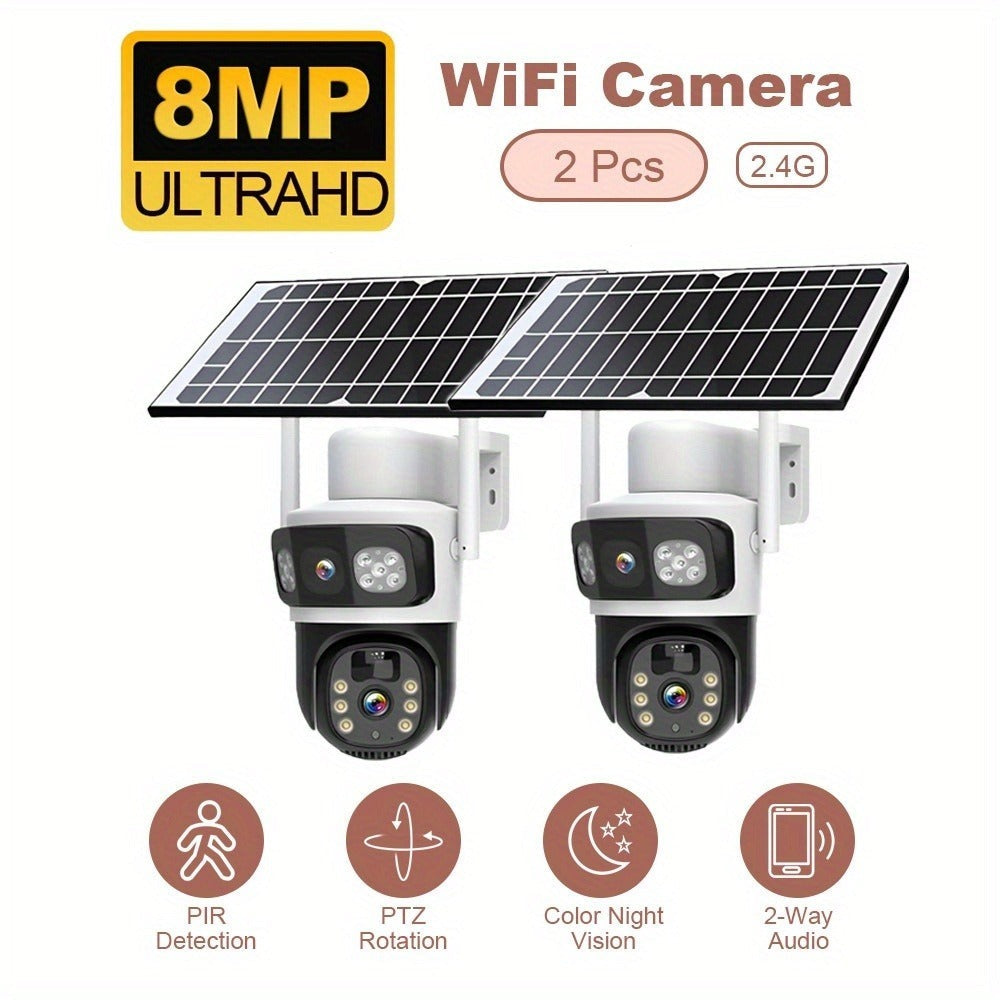 2 Cámaras WiFi de 8MP con Doble Lente, Visión Nocturna a Color, Ángulo de 360°, Audio Bidireccional, Detecção PIR y Alimentación Solar, Compatible con Red 2.4G