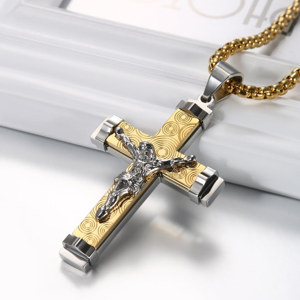 Collar con colgante de cruz de cristo con ondulaciones, acero inoxidable 304, cadena de 55.88cm para hombre
