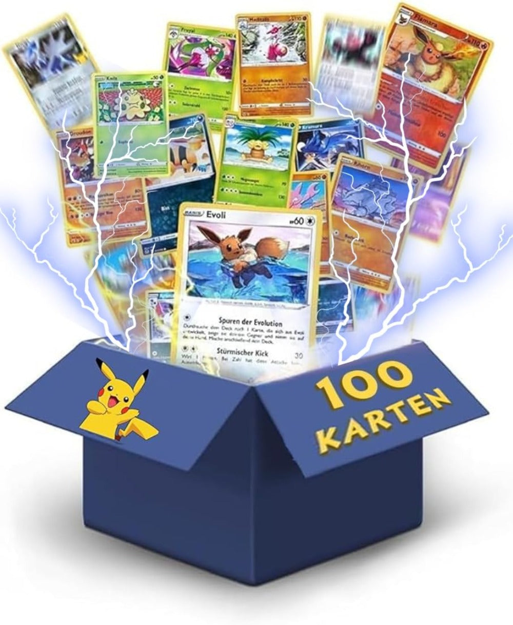 100 Cartas de Pokémon (Alemán) – 5 Cartas Holo + 80X Cartas Comunes/Inusuales + 20X Cartas de Energía – Selección Aleatoria