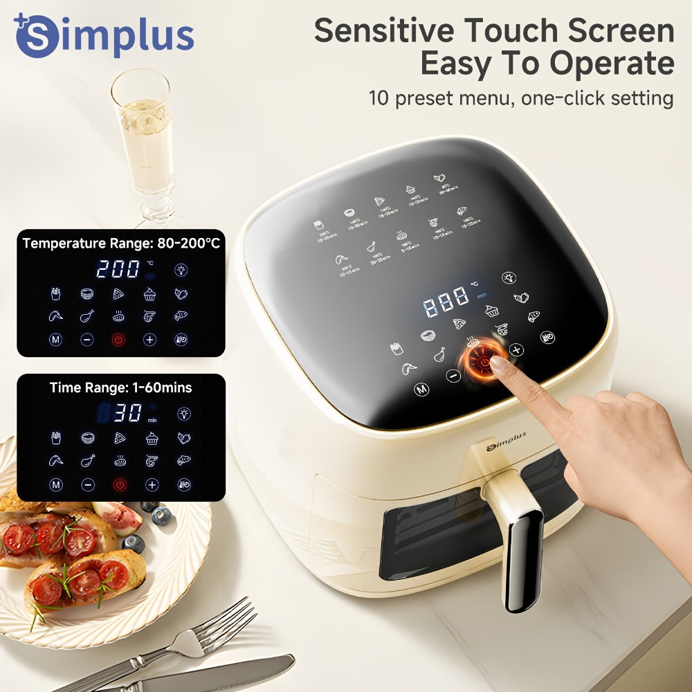 La freidora de aire Simplus tiene una amplia capacidad de 6.5L, adecuada para 5 a 8 personas. Es compacta para un fácil almacenamiento y cuenta con una ventana de cocción visual junto con una pantalla táctil LCD holográfica completa para un uso sencillo.