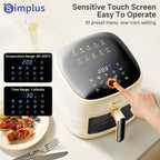 La freidora de aire Simplus tiene una amplia capacidad de 6.5L, adecuada para 5 a 8 personas. Es compacta para un fácil almacenamiento y cuenta con una ventana de cocción visual junto con una pantalla táctil LCD holográfica completa para un uso sencillo.