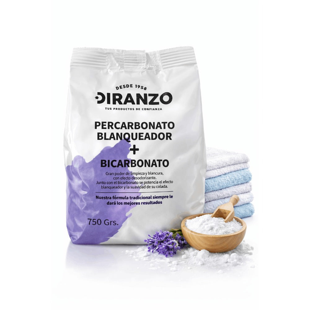 Percarbonato Blanqueador Diranzo, Percarbonato Sódico 750g, 100% Puro, Quitamanchas, Higienizante, Apto Ropa blanca y Color, Elimina manchas difíciles y olores, Alarga la vida de la Lavadora