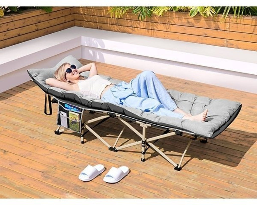 Cama de camping plegable con colchón, tumbona de jardín, cama de invitados con bolsillo lateral y bolsa de transporte para vacaciones en el jardín, oficina, interior y exterior.