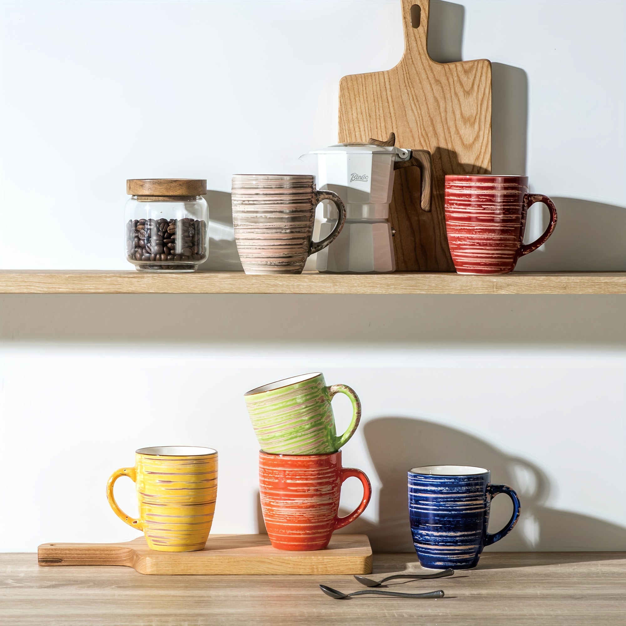 Juego de 6 tazas, Set de tazas de café y té de cerámica estilo rústico chic multicolor, ideal para café/té/chocolate caliente/leche/agua/bebida. (375 ml/13 oz)