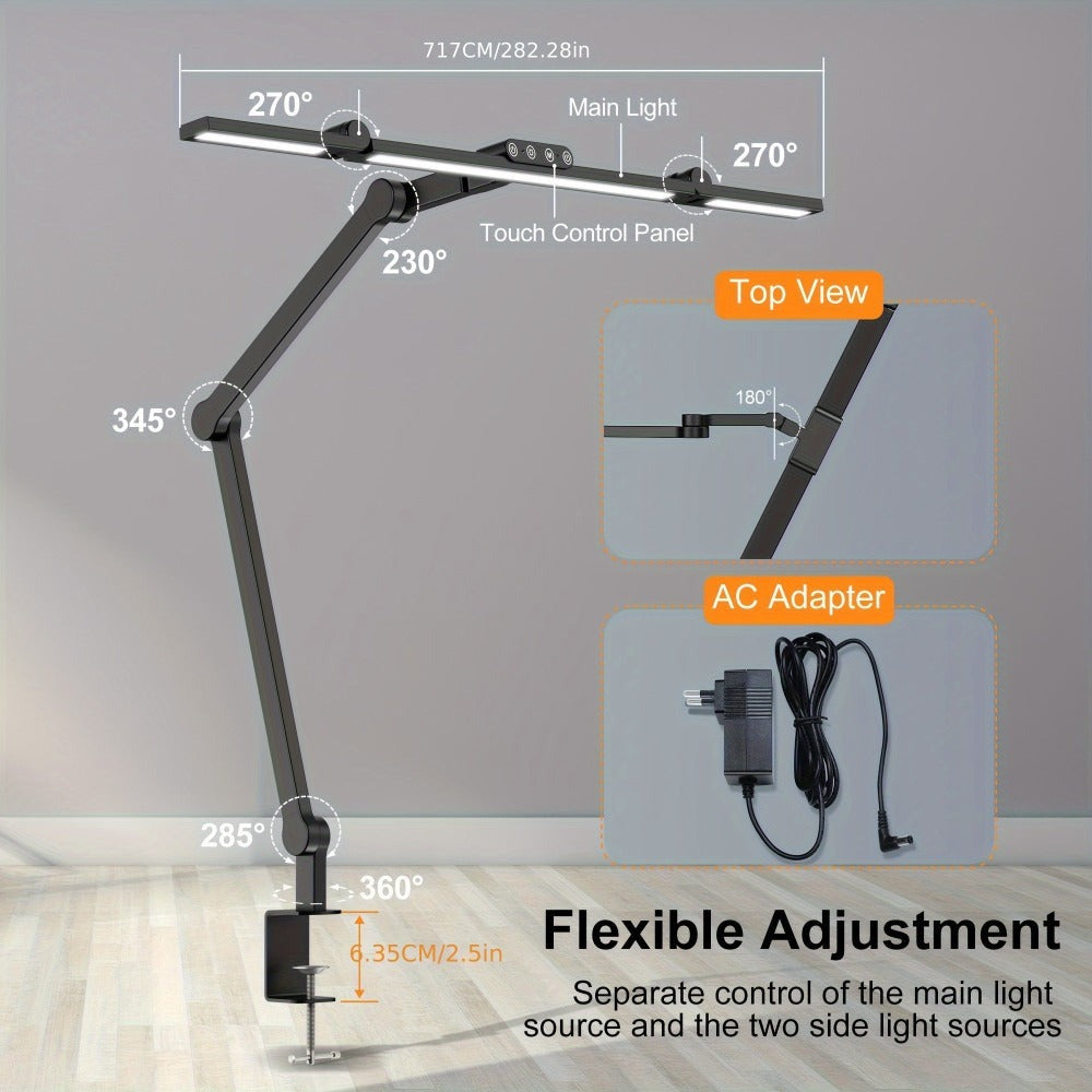 Lámpara de escritorio LED inteligente de cuello de cisne de 24W | Amplio pantalla multi pantalla, clip, iluminación de ángulo arbitrario, brillo y color ajustables, control táctil, gradación de color, montaje de mesa, uso en interiores, fuente de alimenta
