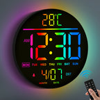 Reloj de pared digital - 25 cm/10 11" RGB, brillo automático, temperatura, fecha y día, horario de verano automático, luz nocturna, sin tictac, reloj de pared eléctrico LED moderno para dormitorio, sala de estar