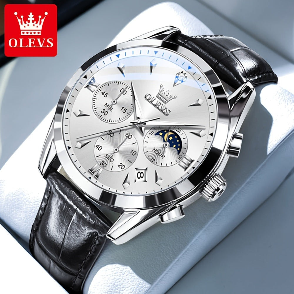 OLEVS Reloj para Hombre Clásico Cronógrafo Cuero Marrón Caja Dorada Analógico Cuarzo Moda Negocios Vestir Cara Grande Reloj de Hombre Día Fecha Luminoso Casual Reloj de Pulsera Masculino Regalos Románticos Relojes De Hombre Azul/Negro/Blanco/Marrón Esfera