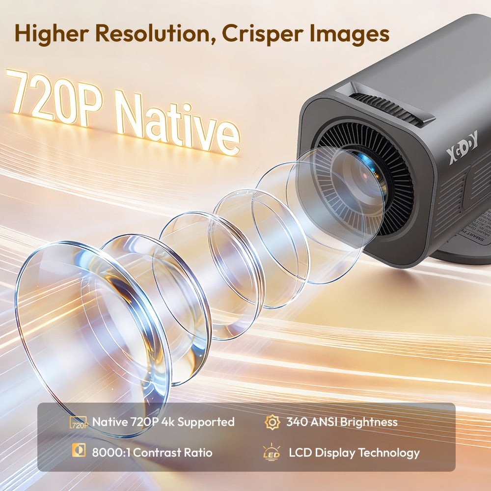 LUXVYN 2026 Proyector Portátil, con Android 11, Dual Wifi6, Brillo de 340ANSI, Local 1280X720P HD, Soporte 4K, Bajo Ruido, Ángulo de Proyección Flexible de 180°, Mini Proyector de Cine en Casa