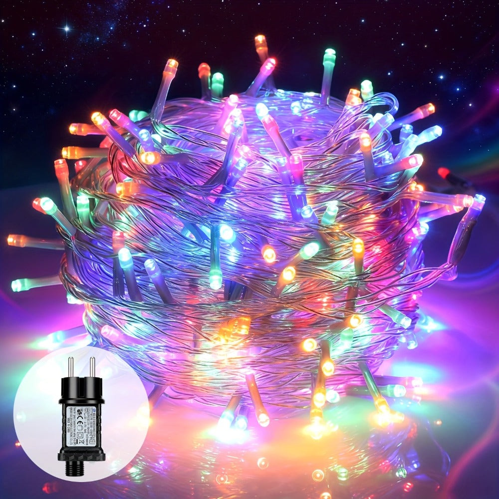 Guirnalda de luces LED de hadas de 100 m + 5 m de largo, 1000 cuentas LED, enchufe de salida de 31 V, luces LED de hadas para árbol de Navidad alimentadas por corriente con temporizador, función de memoria, 8 modos, decoraciones iluminadas para festividad