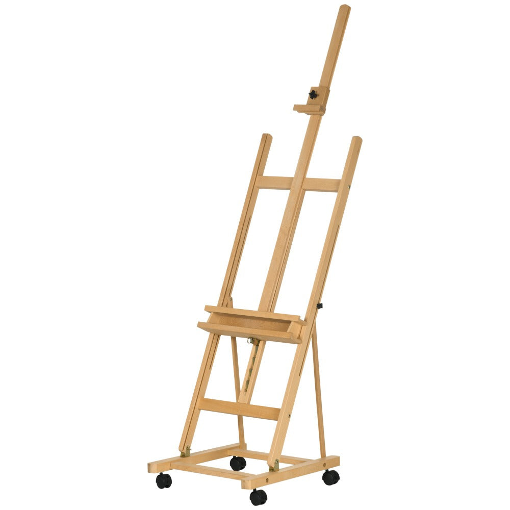 Caballete plegable para artista Vinsetto sobre ruedas, hecho de madera de haya, para lienzos de hasta 118 cm, altura ajustable, inclinación ajustable hasta 90° máximo, con soporte para pinceles de madera natural