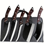 Juego de 5 cuchillos de cocina profesionales, juego de cuchillos de chef, cuchillo de cocina forjado a mano, perfecto para cuchillo de corte, cuchillo afilado de acero inoxidable 7Cr17Mov, mango de madera afilado, cuchillo de chef que incluye bolsa de tra
