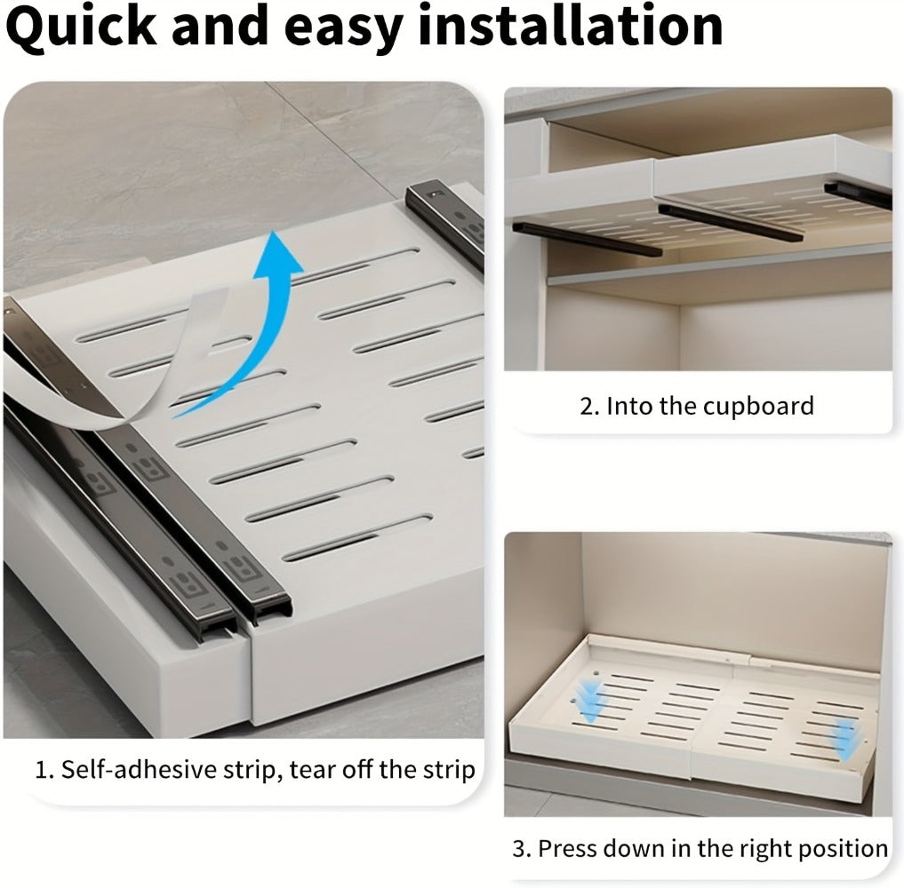 Organizador de gabinete extraíble, estante de almacenamiento resistente y expandible con cajones deslizantes, sin necesidad de taladrar, organizador para cocinas y baños, estante deslizable, extensible 31-52 cm (, blanco)