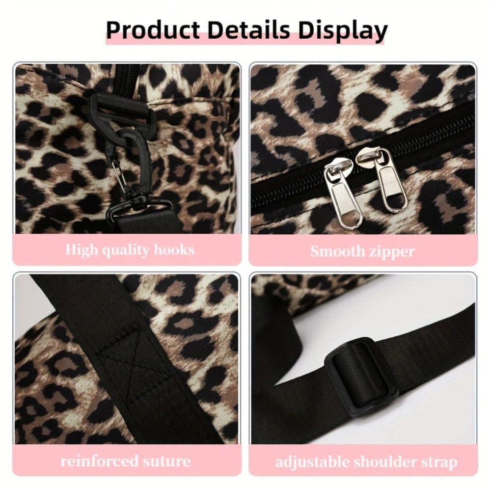 Maleta moderna con estampado de leopardo y amplio espacio, con compartimento separado para zapatos, correa de hombro ajustable, ideal para el gimnasio, yoga y escapadas de fin de semana, así como actividades de ocio y camping al aire libre