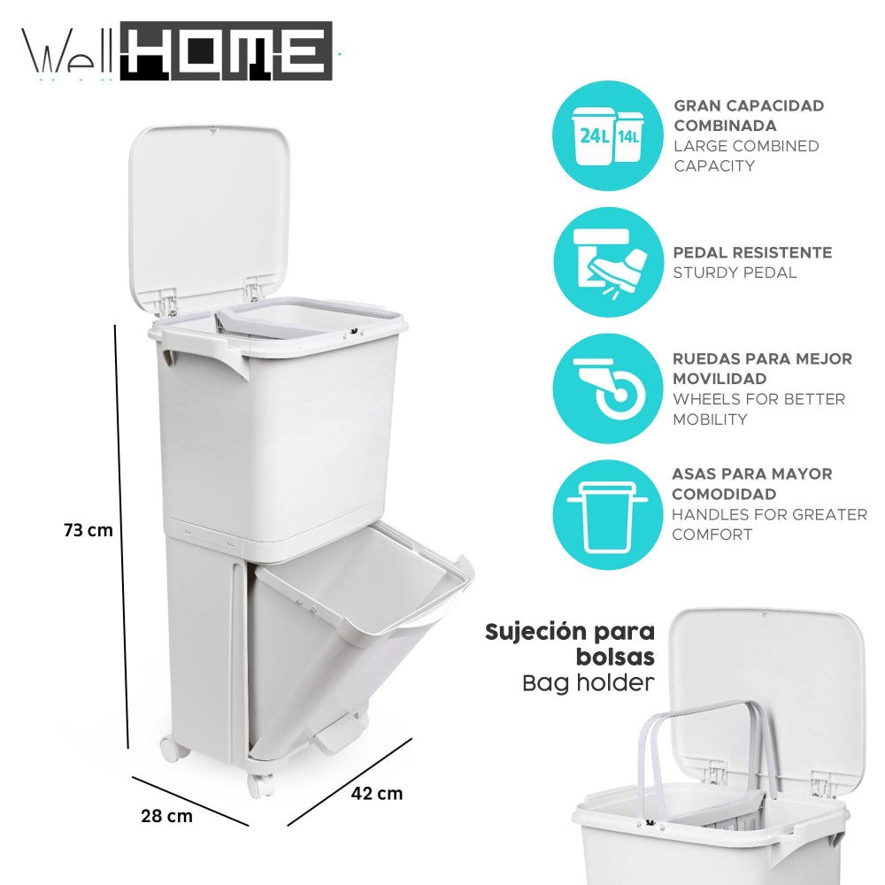 Papelera de reciclaje de clasificación selectiva con pedal. ruedas y asa de doble 38/42L