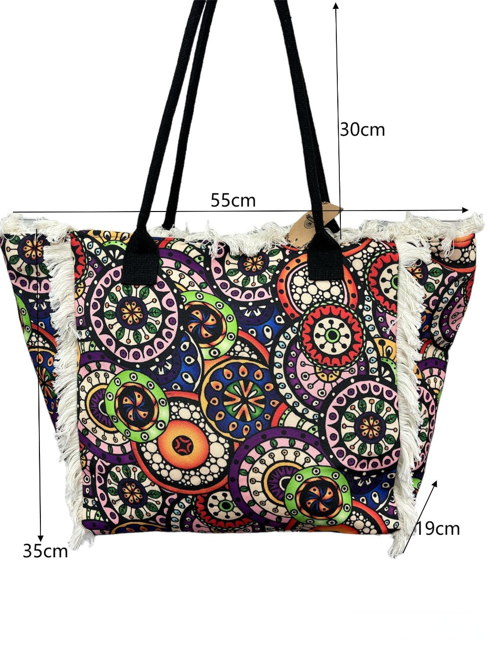 MEJORADA Bolso de Playa Grande con Estampado Colorido y Flecos, Estilo Tote con Forro Interior, Tamaño 55x35x20 cm - Ideal para Playa, Piscina y Viajes