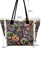 MEJORADA Bolso de Playa Grande con Estampado Colorido y Flecos, Estilo Tote con Forro Interior, Tamaño 55x35x20 cm - Ideal para Playa, Piscina y Viajes