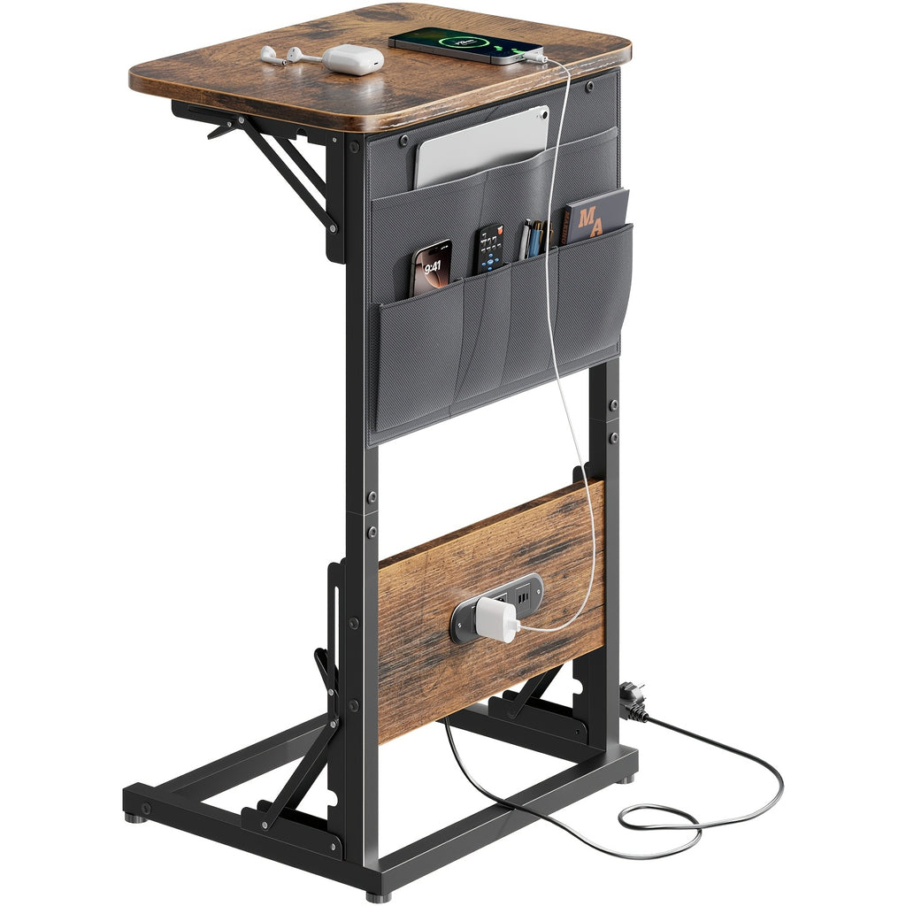 Mesa Auxiliar en Forma de C con Estación de Carga - Mesa Auxiliar Compacta para Sofá, Altura Ajustable de 3 Niveles (66-72Cm/25.9-28.3In), Mesa de Noche Plegable con Bolsillos de Almacenamiento para Espacios Pequeños, Dormitorio, Sala de Estar