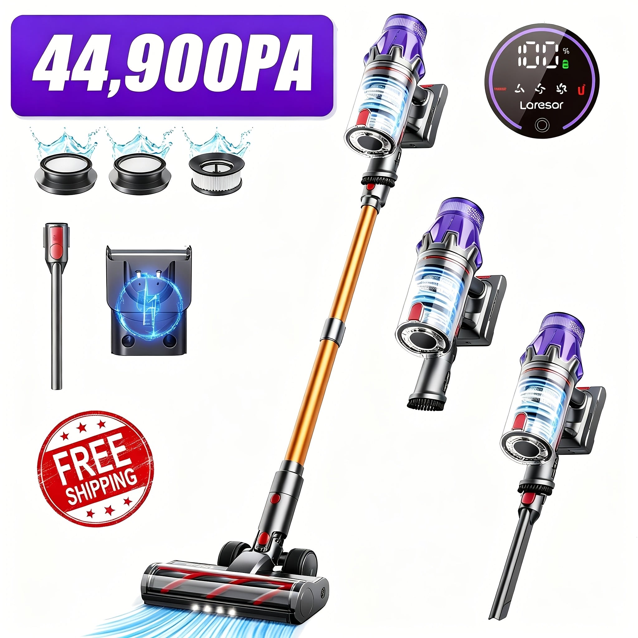 Aspiradora escoba | Laresar V7 Aspiradora Inalámbrica 44900Pa/500W Aspiradoras para el Hogar 60 Minutos Autoportante Anti-Enredos Aspiradoras de