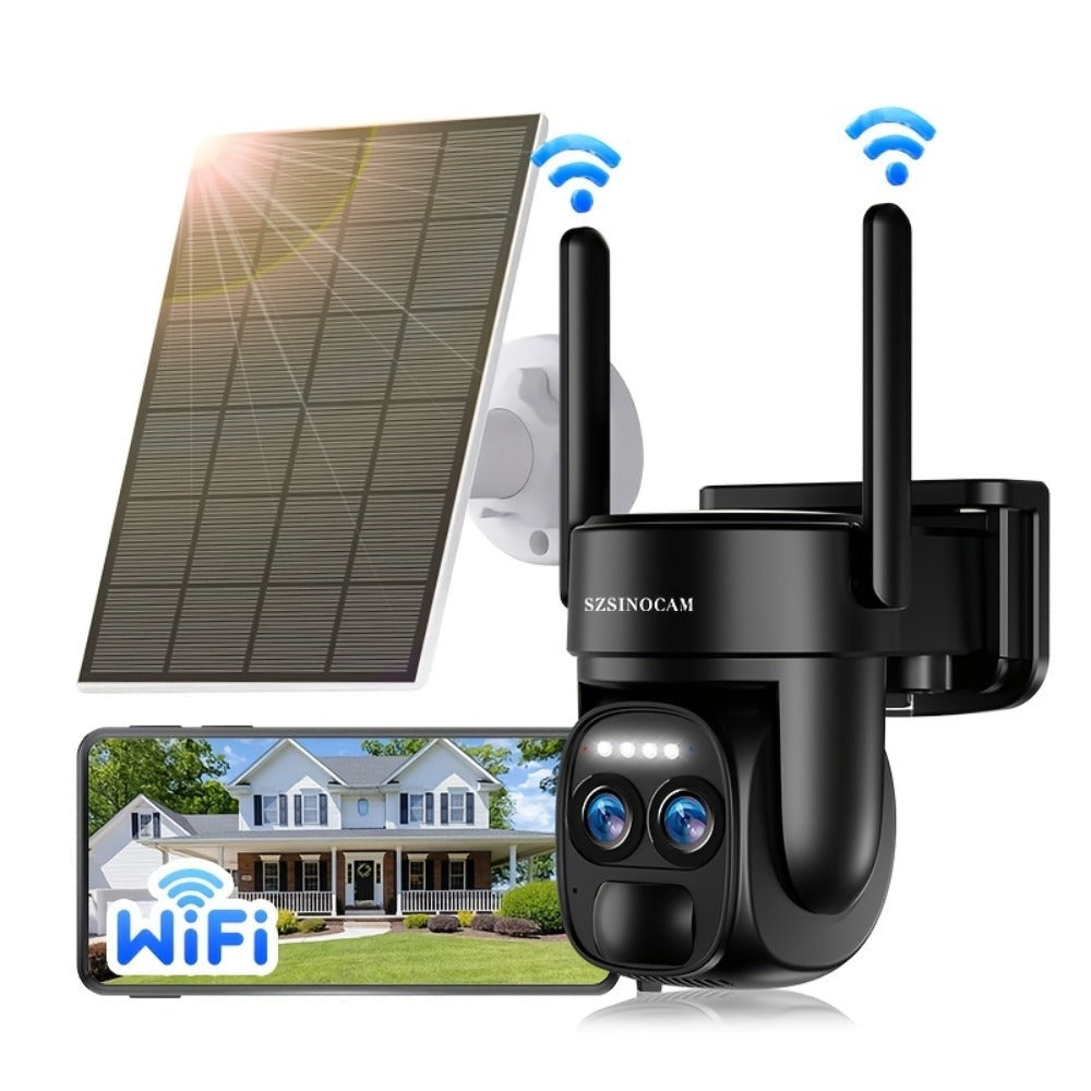 [10X Zoom] Cámara CCTV de bajo consumo con panel solar, batería, 360 grados, 2K FHD, Wifi, con alarme de foco, detección de movimiento, visión nocturna a color y audio bidireccional