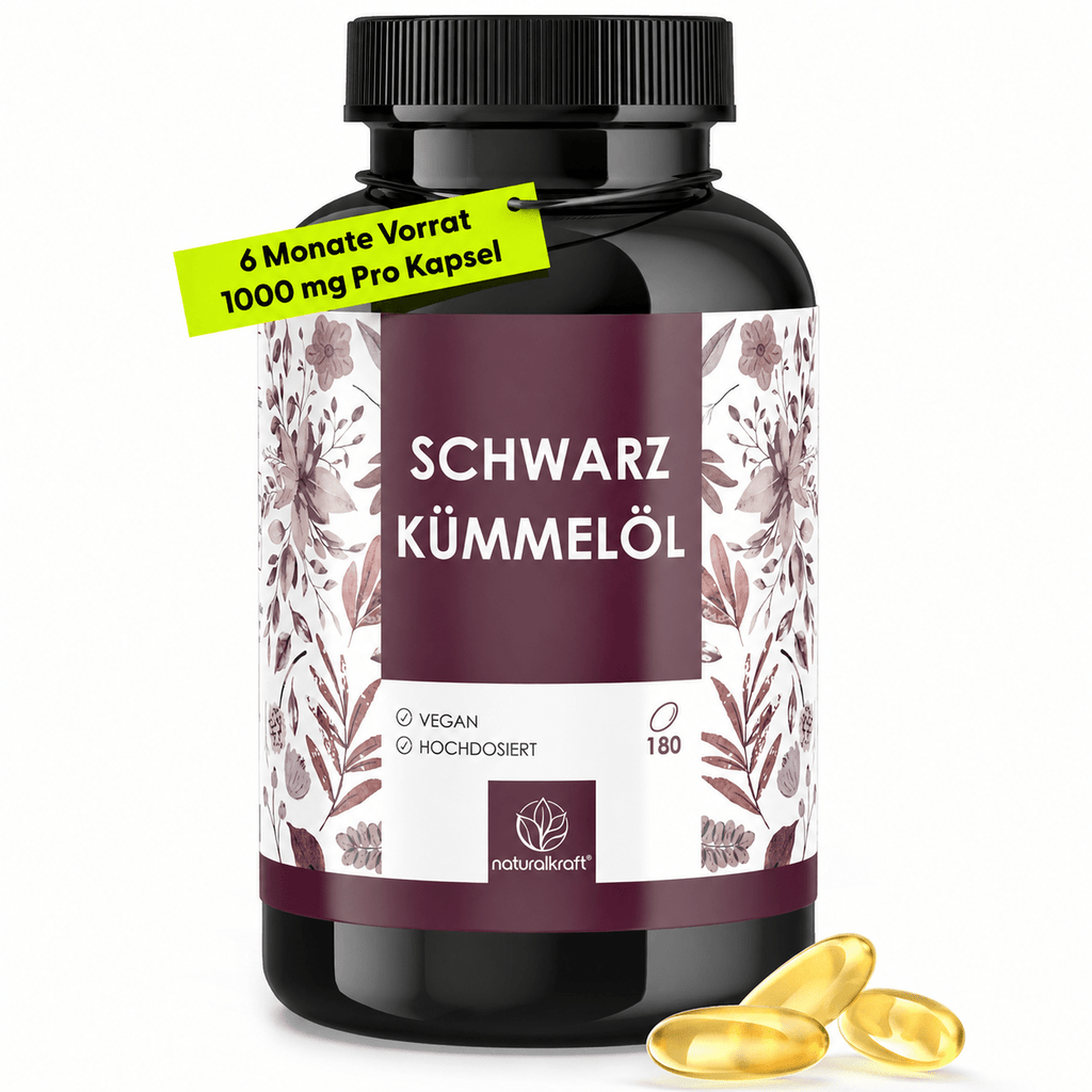 NATURALKRAFT® Cápsulas de Aceite de Comino Negro Premium - 180 Cápsulas Veganas para 6 Meses, 1000 Mg por Cápsula Dosis Diaria, Prensado en Frío, Natural, Probado en Laboratorio, Calidad de Marca Alemana
