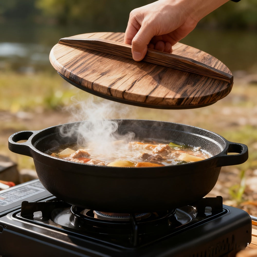 Olla de hierro fundido de 25CM con doble asa y tapa de madera, material de hierro fundido de alta calidad, conducción de calor uniforme, compatible con vaporización, fritura, estofado y hervido, apta para cocinas de inducción, estufas de cerámica y fuego