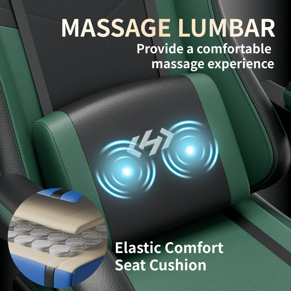 Silla Gaming con Masaje Lumbar Incorporado, Diseño Ergonómico Soporte Lumbar Ajustable y Reposacabezas, Silla de Computadora Giratoria de 360 Grados Reclinable para Oficina, Ideal para Juegos/Trabajo de Larga Duración
