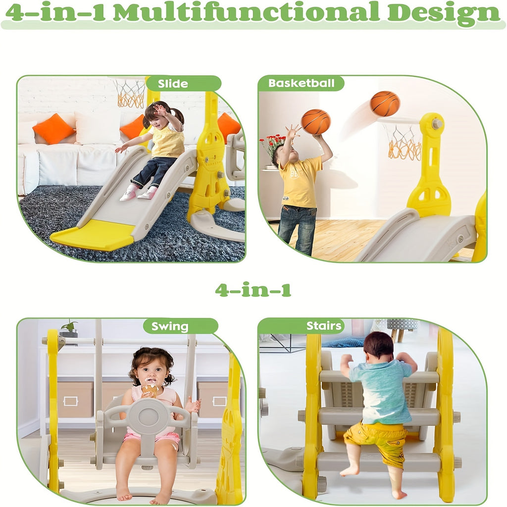 Conjunto de tobogán y columpio para niños pequeños 4 en 1, tobogán para bebés con columpio, tobogán, escalador y baloncesto, juego de columpio y tobogán para niños, juguete de parque infantil para interiores y exteriores, patio trasero, para niños pequeño
