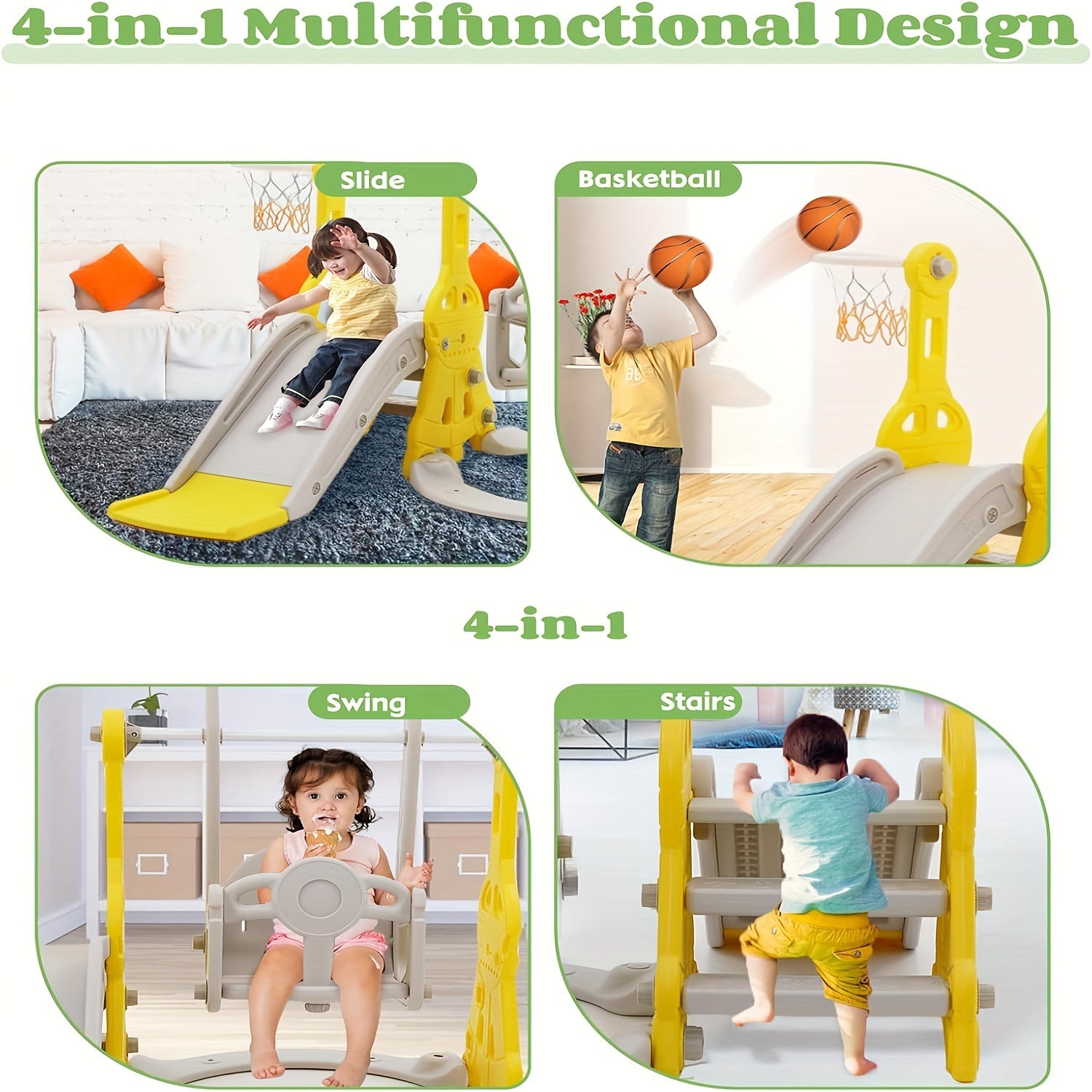 Conjunto de tobogán y columpio para niños pequeños 4 en 1, tobogán para bebés con columpio, tobogán, escalador y baloncesto, juego de columpio y tobogán para niños, juguete de parque infantil para interiores y exteriores, patio trasero, para niños pequeño