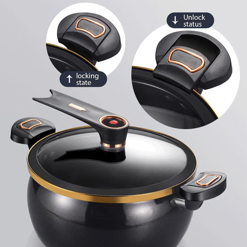 Olla Grande de 28 cm con Tapa de Cierre - Olla Versátil para Sopas y Estofados Rápidos, Compatible con Estufas de Gas, Diseño Elegante en Negro y Dorado, Tapa de Vidrio, Opciones Multicolor de Moda - Regalo Ideal para el Hogar