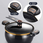 Olla Grande de 28 cm con Tapa de Cierre - Olla Versátil para Sopas y Estofados Rápidos, Compatible con Estufas de Gas, Diseño Elegante en Negro y Dorado, Tapa de Vidrio, Opciones Multicolor de Moda - Regalo Ideal para el Hogar