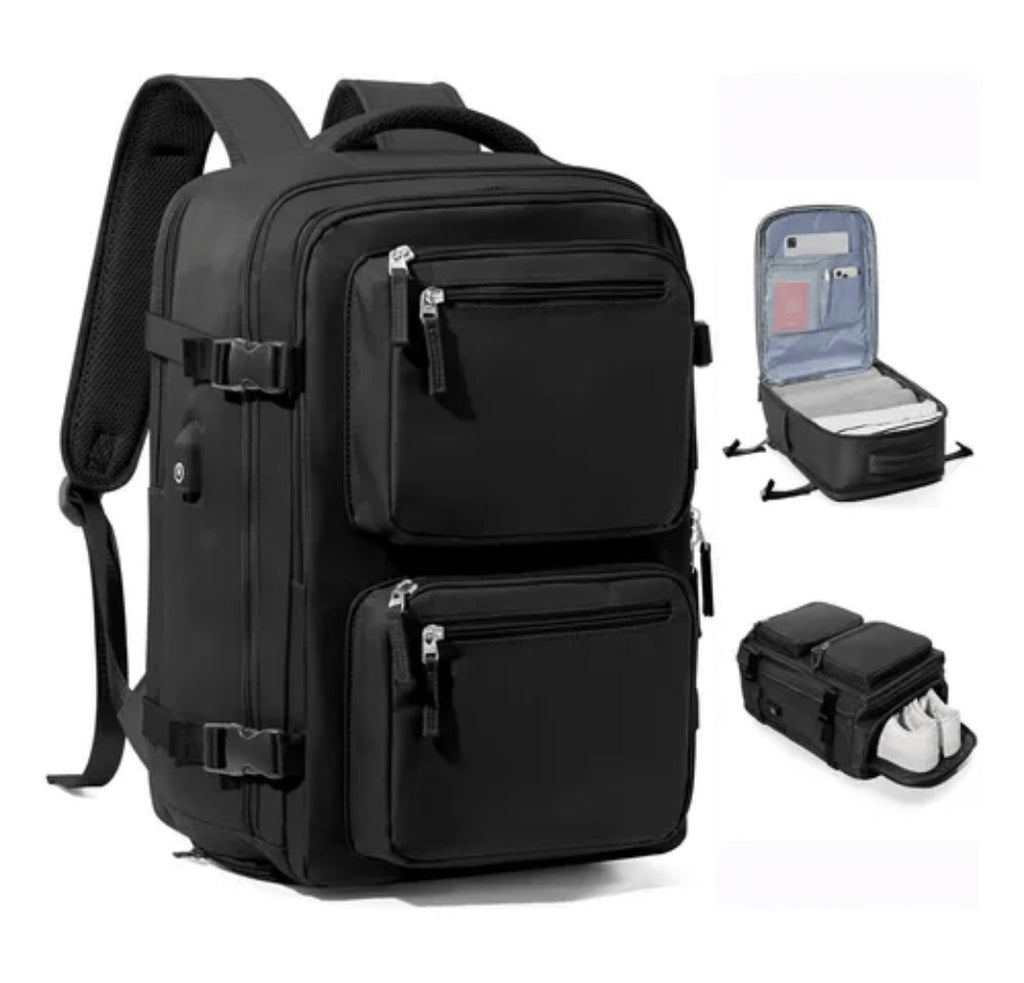Mochila de Viaje para Cabina de Avion 45x32x18 para Vuelo Barato Equipaje de Mano y Espaciosa con Compartimento para Zapatos y Mochila Antirrobo Multifuncional para Viajes 2210.Travel Bag, Antirrobo, Negro, Bolsa de viaje