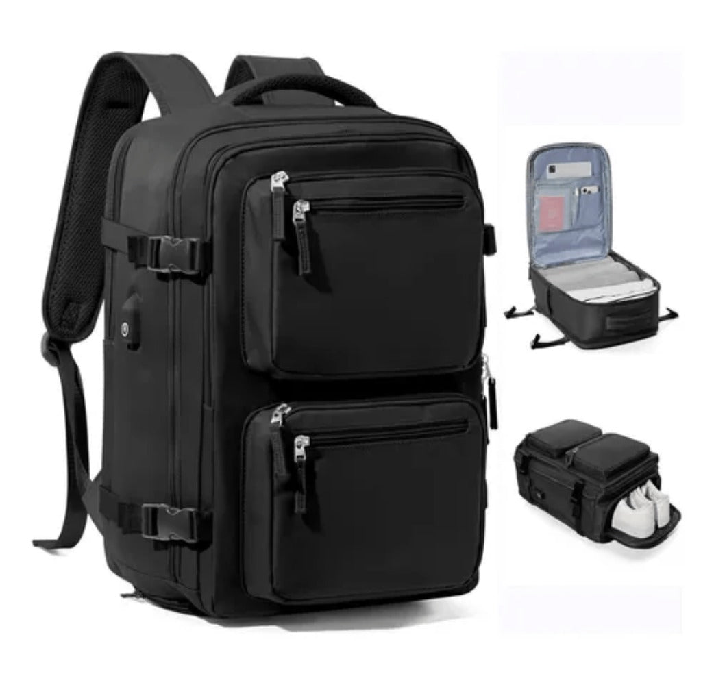 Mochila de Viaje para Cabina de Avion 45x32x18 para Vuelo Barato Equipaje de Mano y Espaciosa con Compartimento para Zapatos y Mochila Antirrobo Multifuncional para Viajes 2210.Travel Bag, Antirrobo, Negro, Bolsa de viaje