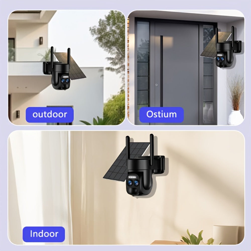 [Zoom 10x] Cámara de seguridad de exterior de 4MP con zoom automático de doble lente, más clara a distancia, cámara de alta definición 2K con panel solar, sistema de monitoreo PTZ de doble lente, foco deportivo WiFi 5G, visión nocturna en color, llamada b